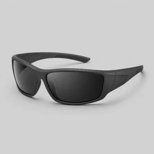 Black shield sunglasses on a clean studio background
